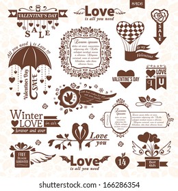 Set of Valentines Day design elements (monochrome version)