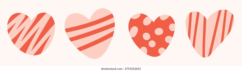 Сute set of Valentine's Day design elements. Collection of hand drawn doodle heart, cute pink, red hearts with kids style decor. Delicate isolated hearts with stripes, lines, dots. Vector illustration