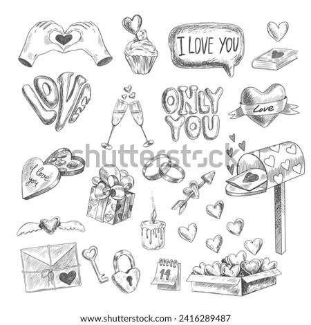 Set of Valentines day design elements. Sketch style hearts, love letter, wedding rings, champagne glasses, lettering, gift box, chocolates, arrow. Heart hands. Hand drawn collection isolated on white