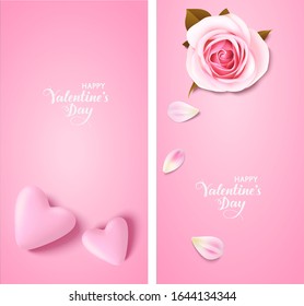 Set of valentines day design templates. Pink background with hearts, rose and petals. Vector illustration
