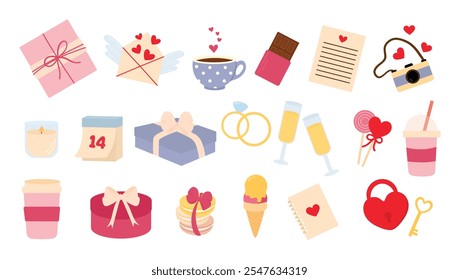 Set of Valentine's Day with desserts and love elements, symbols. Collection of gifts, cup, chocolate, macaroons, candle, love letters, keys, diary, diamond ring. Vector illustration, isolated.