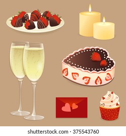 Set of Valentines day desserts and objects.