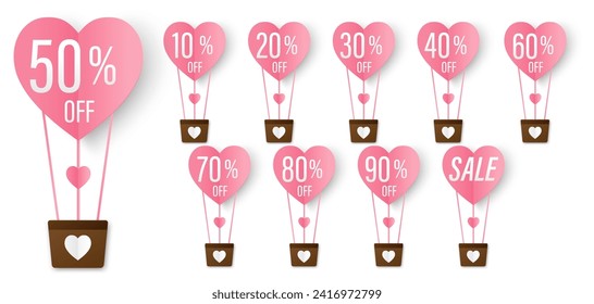 Set of Valentine's Day discount tags sale offer 10 to 90%. Paper cut style design for discount offer, clearance, emblem, special offer tag sticker design element, flat, banner, Vector Illustration.  
