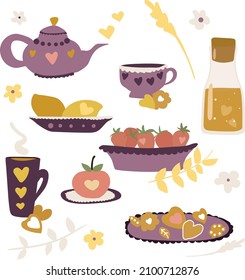 Fijado para el día de San Valentín. un conjunto de platos para beber té. Vajilla morada.