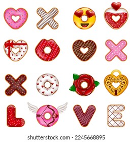 set of valentine's day donuts. collection of valentine funny doughnuts