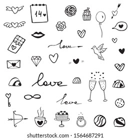 Set of Valentines day doodle elements. Love romantic hand drawn vector illustration. Valentines day elements for greeting cards, posters, stickers, cards and seasonal design.