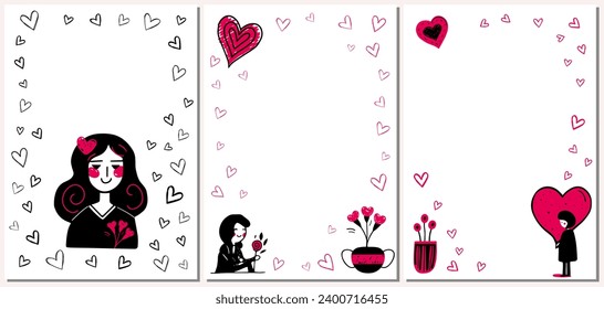 Set of Valentine's day doodle frames. Minimalistic backgrounds with girl, hearts, flowers. Love concept cards