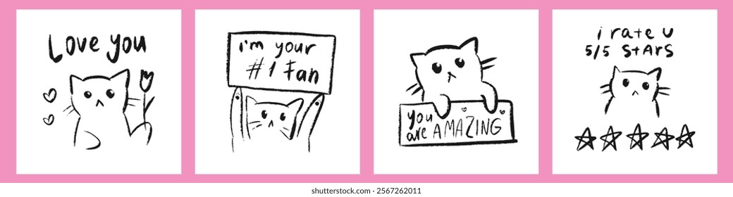 Set of Valentines Day doodle greeting card. Love letter hand drawn. Romantic childish drawings