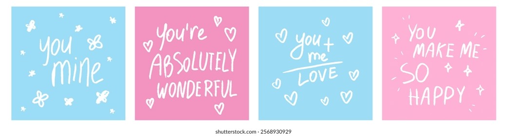 Set of Valentines Day doodle greeting card. Love letter hand drawn. Romantic childish drawings