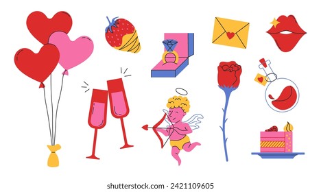 Set of Valentine's day doodle illustrations isolated on white background. Cute retro objects. Hand drawn elements about love. Good for posters, cards, prints, tags, signs, clipart, etc. Vector