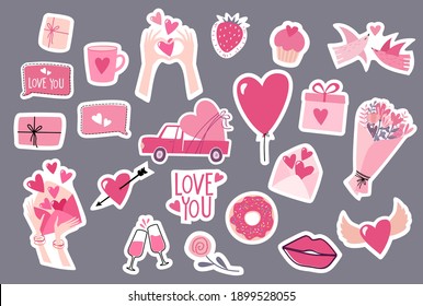 Set of Valentines day doodle sticker with romantic objects