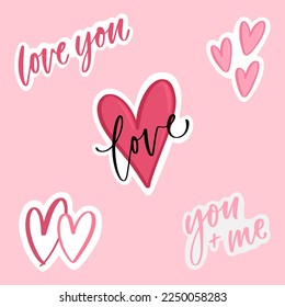 Set of Valentine's day doodle sticker vector flat illustration. set on a pink background. Hand drawn on February 14 isolated layers.