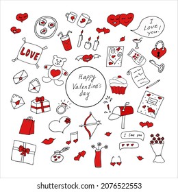 Set Valentine's Day. Doodle style. Romantic symbols: hearts, bow and arrow, gifts, cocktails, love letters. Vector black and white drawing with red elements.
