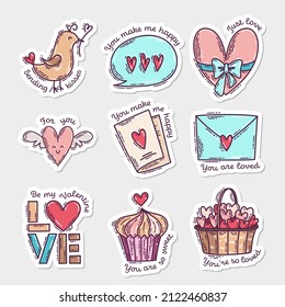 Set of Valentine's Day doodle style hand-drawn stickers with simple engraving retro effect and quotes. Romantic mood cute love symbols and lettering.