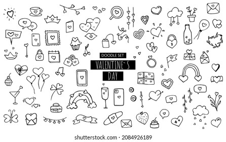 Conjunto de ilustraciones vectoriales de doodle del Día de San Valentín dibujos de corazones y celebraciones dibujados a mano blanca y negra