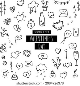 Conjunto de ilustraciones vectoriales de doodle del Día de San Valentín dibujos de corazones y celebraciones dibujados a mano blanca y negra