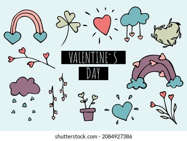 Conjunto de ilustraciones vectoriales de doodle del Día de San Valentín adoran el clima arcoíris de sol dibujado a mano corazones de amor y decoraciones de celebraciones