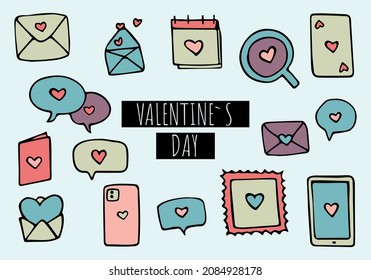 Set of Valentine's Day doodle vector illustrations social media love letters messenger chatting phone drawn love hearts and celebrations decorations