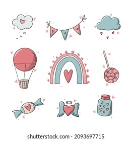 Set of Valentine's day doodles, icons isolated on white background. Good for stickers, prints, cards, scrapbooking, planner decor, etc. EPS 10