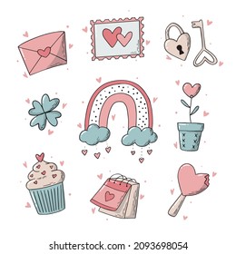 Set of Valentine's day doodles, icons isolated on white background. Good for stickers, prints, cards, scrapbooking, planner decor, etc. EPS 10