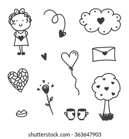 Set of Valentines Day doodles isolated on white background.
