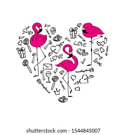 Set of valentines day doodles with pink flamingos in heart shape frame. Vector hand drawn illustration.