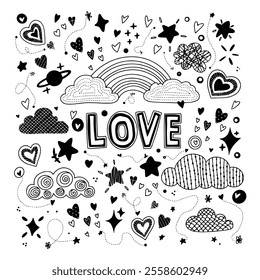 Set of valentines day element. Isolated black and white objects on a white background. Valentine's Day