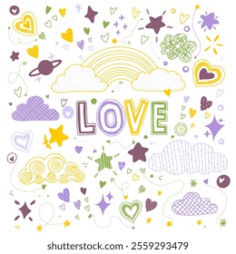 Set of valentines day element. Isolated black and white objects on a white background. Valentine's Day