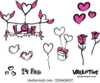 Set of Valentines day elements about love., Cute hand drawn set of icons with hearts.,Valentine's day theme collection., Hand drawn hearts with wings. Vector.