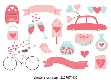 Set of valentines day elements. Collection of gift, bird, heart, calendar, mailbox. Vector illustration in a flat hand drawn style.