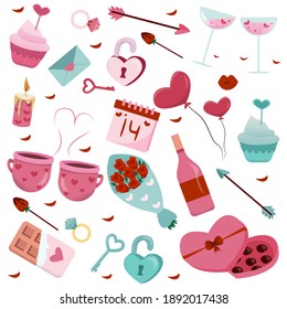 Set of valentines day elements. Cute and pink elements isolated on white. Design set for Valentine's Day for stikers and Valentine's Day cards. Vector illustration