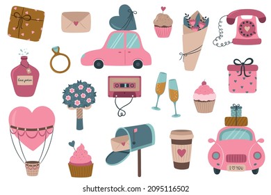 A set of Valentine's day elements. Cute cartoon style. Pink car, heart, bouquet of flowers, phone, cassette, gift box, love potion, mailbox, cake, envelope. Vector illustration