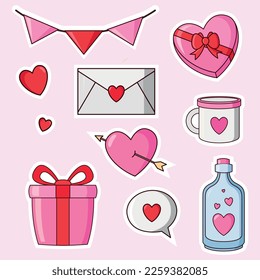 Set of valentines day elements. Cute and pink elements isolated on white. Design set for Valentine's Day for stikers and Valentine's Day cards. Vector illustration