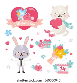 Set of Valentine's Day elements. Cute illustration with sweet rabbit, cat with heart, flower bouquet and gifts. Big heart with lettering.