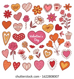 Set of valentines day elements. Doodle style. Vector illustration.