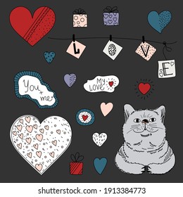 Set of Valentine's Day elements. Enamored cat, hearts, gifts and inscriptions. Vector illustration hand drawn in doodle style, colored.
