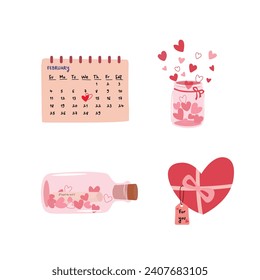 Set of Valentine's day elements flat vector illustration isolated on white background. Doodles clip art in cartoon style for Valentine's day concept. Happy Valentine's day.