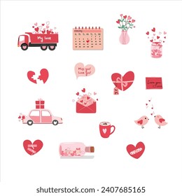 Conjunto de elementos del día de San Valentín ilustración vectorial plana aislada en fondo blanco. Dibujo de Doodles al estilo de las caricaturas para el concepto del día de San Valentín. Feliz Día de San Valentín.