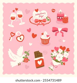 set of valentine's day elements, hand drawn, colorful, abstract background