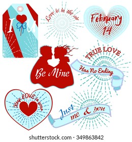 Set of Valentines day elements, heart, february 14, be mine. Labels and love quotes. Vector illustration