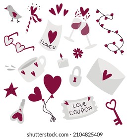  A set of Valentines Day elements. Love icons collection. Vector illustration. In minimalist style. Ideal for stickers, printing, design.