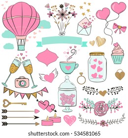 Set of Valentine's day elements in pastel colors. Arrows, decor, flowers, hearts, cupcake, balloons and other.