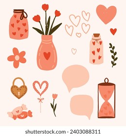 Set von Valentinstag-Elementen. Rosa Glas, Blüte, Vase mit Blumen, rotes Herz, Süßigkeiten, Zitatblase, Stundenglas.