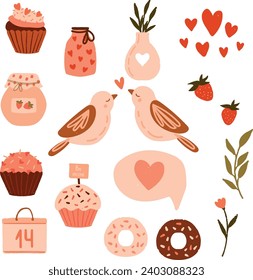 Set of Valentine's day elements. Pink cupcakes, birds, floral, vase with flowers, red hearts, strawberries, quote bubble, donuts.