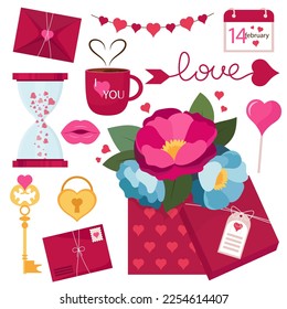 A set of valentine's day elements in the popular color of 2023. Viva magenta. Festive decorative elements for your design.