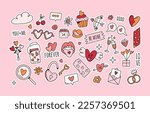 Set of valentines day elements stickers in doodle style.Romantic vector illustration of heart,love,padlock and tape for 14 February on white background for social posts or postcard design.