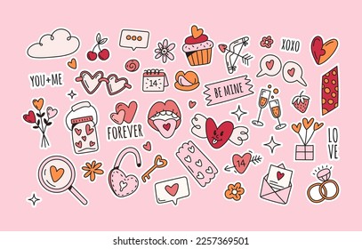 Set of valentines day elements stickers in doodle style.Romantic vector illustration of heart,love,padlock and tape for 14 February on white background for social posts or postcard design.