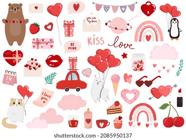 Conjunto de elementos del Día de San Valentín. La ilustración vectorial ama el concepto sobre fondo blanco. Perfecto para la decoración, tarjetas de felicitación. 