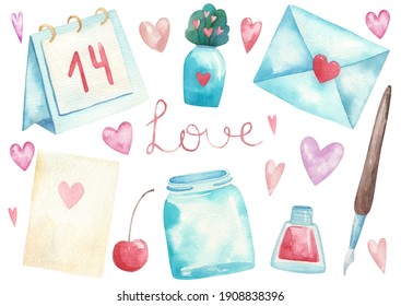 set for valentine's day, envelope, letter, feather and ink, hearts, cute illustration