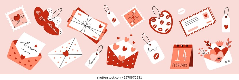 Set of Valentine's Day with envelope, letter, tag, postcard with hearts. Romance, love, relationship. Vector illustration